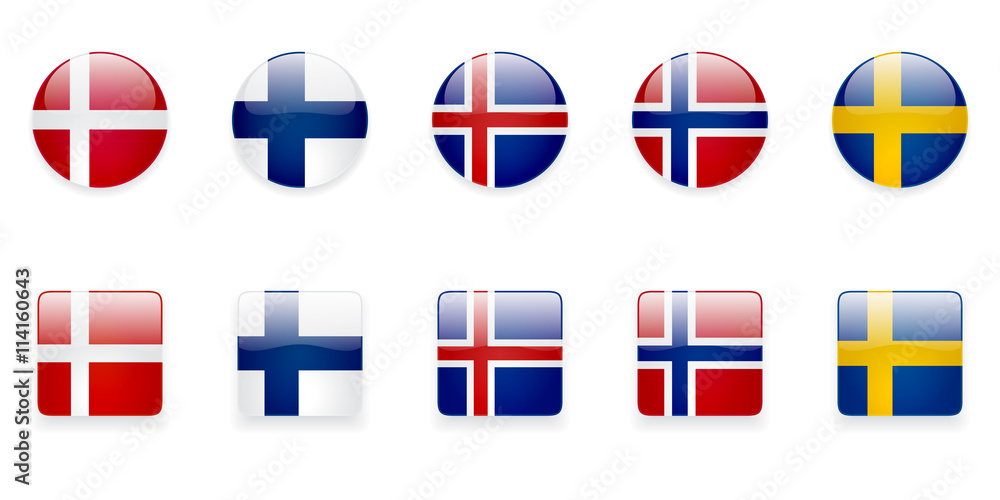 The Nordic countries flags icons on white background. Correct color scheme. The Nordic countries flags icons on white background. Correct color scheme.