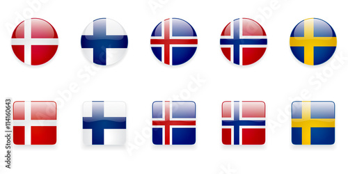 The Nordic countries flags icons on white background. Correct color scheme.