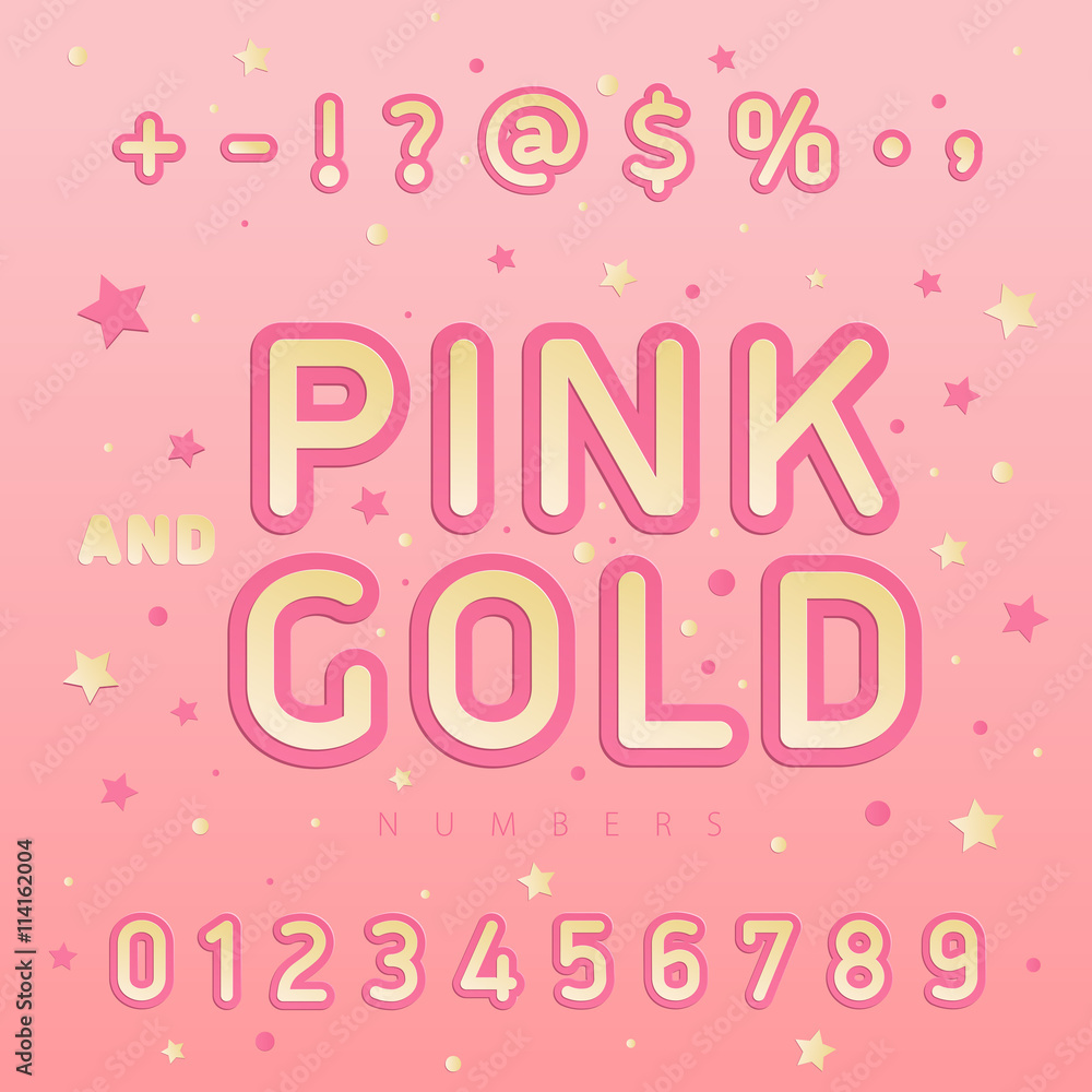 Bright and colorful numbers pink and gold in the front and little stars on the background. Can be used for kids, fashion, posters, web design. Vector illustration concept.