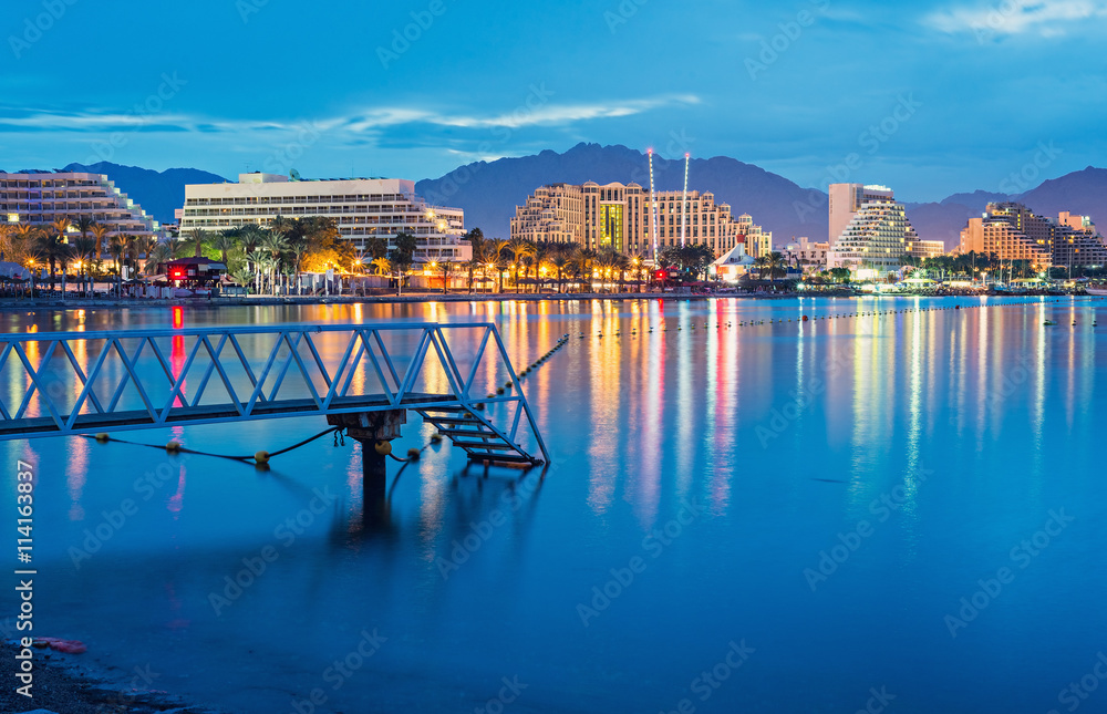 Nocturnal view on the central beach of Eilat - famous resort city in Israel 