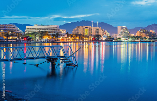 Nocturnal view on the central beach of Eilat - famous resort city in Israel 