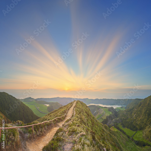 Mountain landscape with hiking trail and view of beautiful lakes, Ponta Delgada, Sao Miguel Island, Azores, Portugal