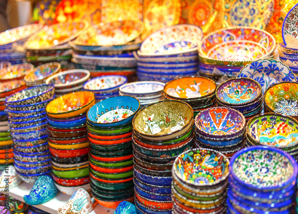 Colorful various ceramics on turkish bazaar.