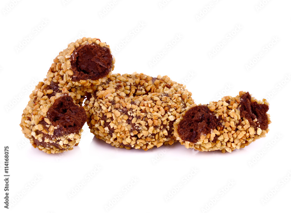 peanut covered donuts over white. peanut covered donuts over white.