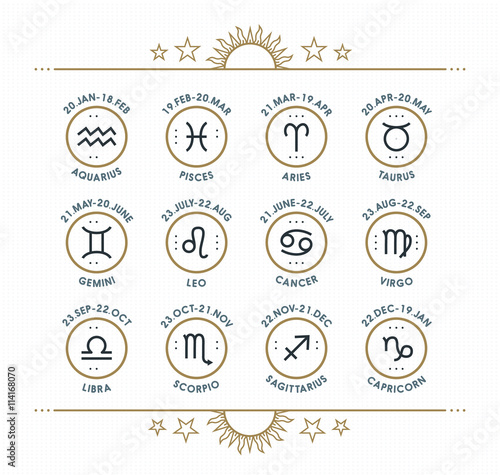 Zodiac icon collection. Sacred symbols set. Vintage style design elements of horoscope and astrology purpose. Thin line signs isolated on bright dotted background. Vector collection.