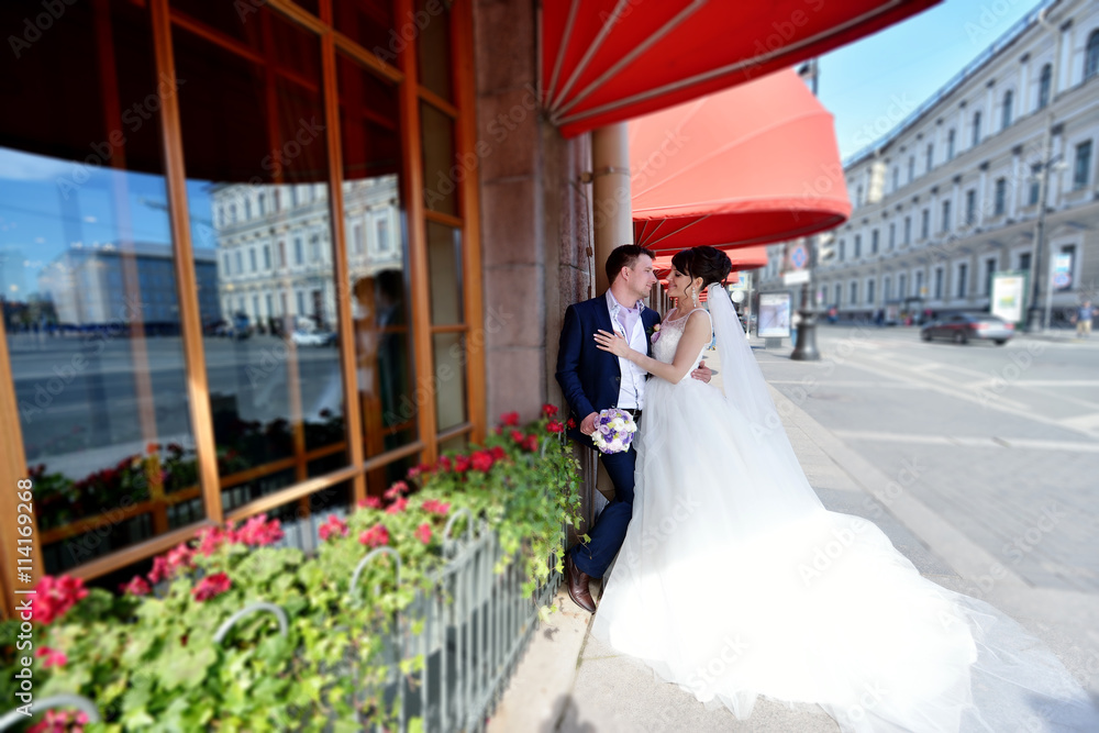 Fototapeta premium Wedding couple on the nature is hugging each other. Beautiful model girl in white dress. Man in suit. Beauty bride with groom. Female and male portrait. Woman with lace veil. Lady and guy outdoors