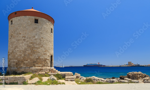 Mill Rhodes with cruise ship in background sunny summer