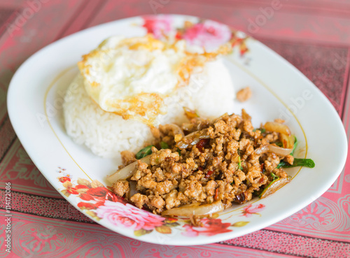 Thai spicy food basil pork fried rice recipe (Phat Kra Pow Moo)