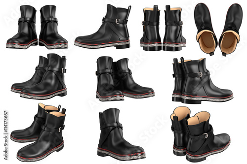 Set leather retro boots with silver chain. 3D graphic