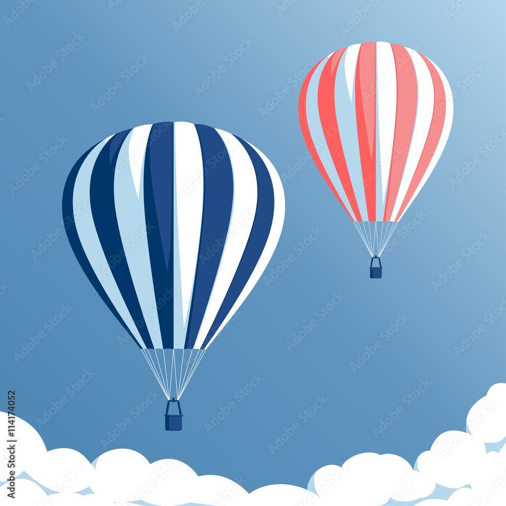 Naklejka premium Hot air balloons flying in the blue sky with clouds, hot air balloons set on blue background, vector illustration