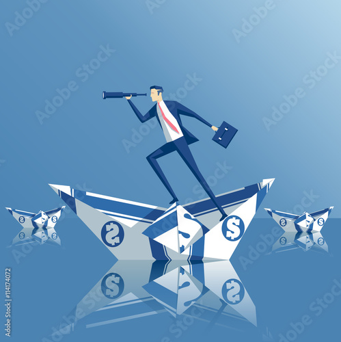 Business concept investment and search, businessman on a paper boat floats, paper boat from the bill, origami made out of money