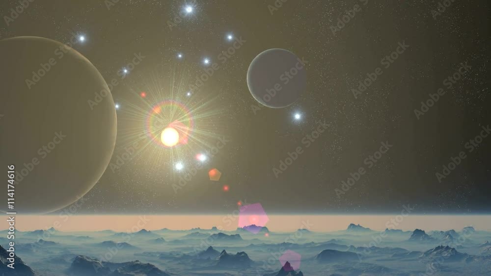 Two planets is surrounded by bright stars, one of which in a halo of ...