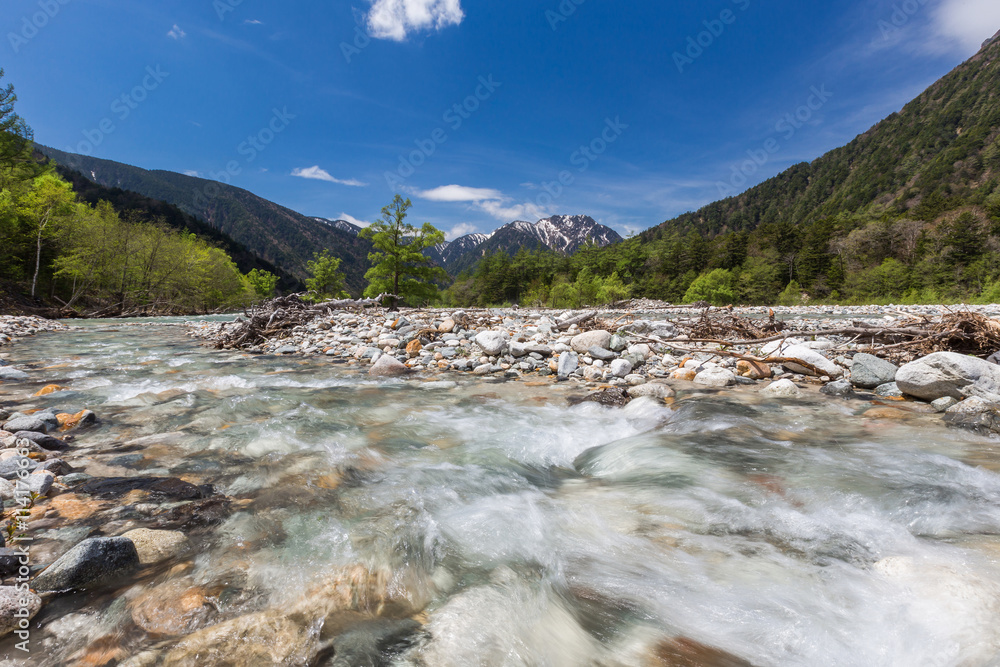 landscape with mountains trees and a river in front