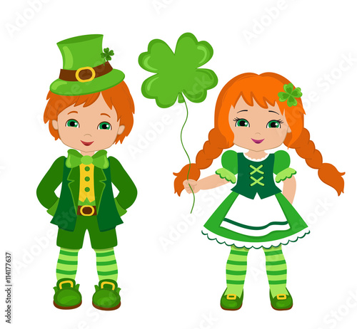 Boy and girl in Irish costumes. St. Patrick's Day. Vector illustration