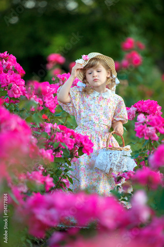 beautiful girl on a meadow with roses  looks into flowers © sasapanchenko