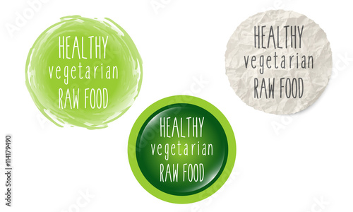 Set of three circular icons with the words healthy vegetarian fo