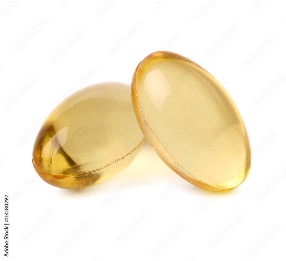 Cod liver oil omega 3 gel capsules isolated on white background Cod liver oil omega 3 gel capsules isolated on white background