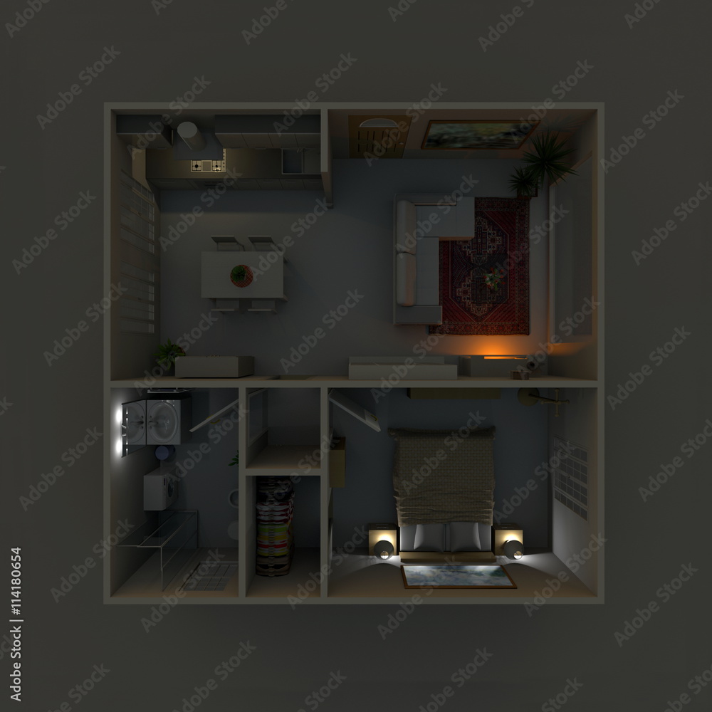 3d interior rendering plan view of furnished home apartment with turned on lights by night: room, bathroom, bedroom, kitchen, living-room, hall, entrance, door, window, 3d interior rendering plan view of furnished home apartment with turned on lights by night: room, bathroom, bedroom, kitchen, living-room, hall, entrance, door, window,