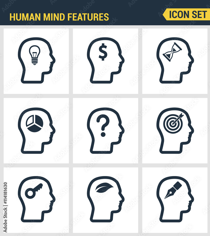 Icons set premium quality of human mind features, characters profile identity. Modern pictogram collection flat design style symbol collection. Isolated white background. Icons set premium quality of human mind features, characters profile identity. Modern pictogram collection flat design style symbol collection. Isolated white background.