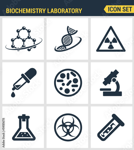 Icons set premium quality of biochemistry research, biology laboratory experiment. Modern pictogram collection flat design style symbol collection. Isolated white background.