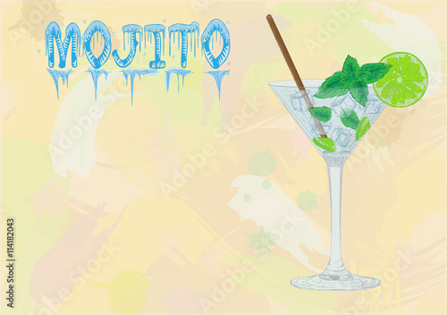 Nice mojito of ice cold glass on a color background. Soda with w