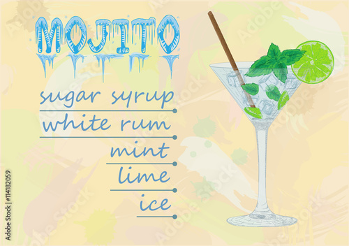 Nice glass of ice cold mojito on a black background. Soda with w