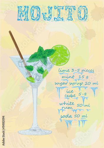 Nice mojito of ice cold glass on a color background. Soda with w