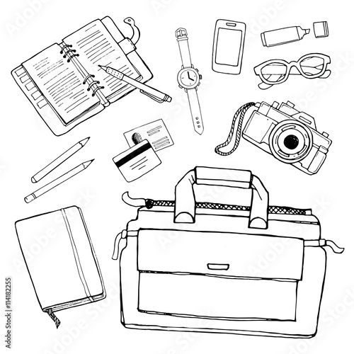 Vector sketch collection of business work-flow items, office book, bag, card, pens, notepad, camera, watch