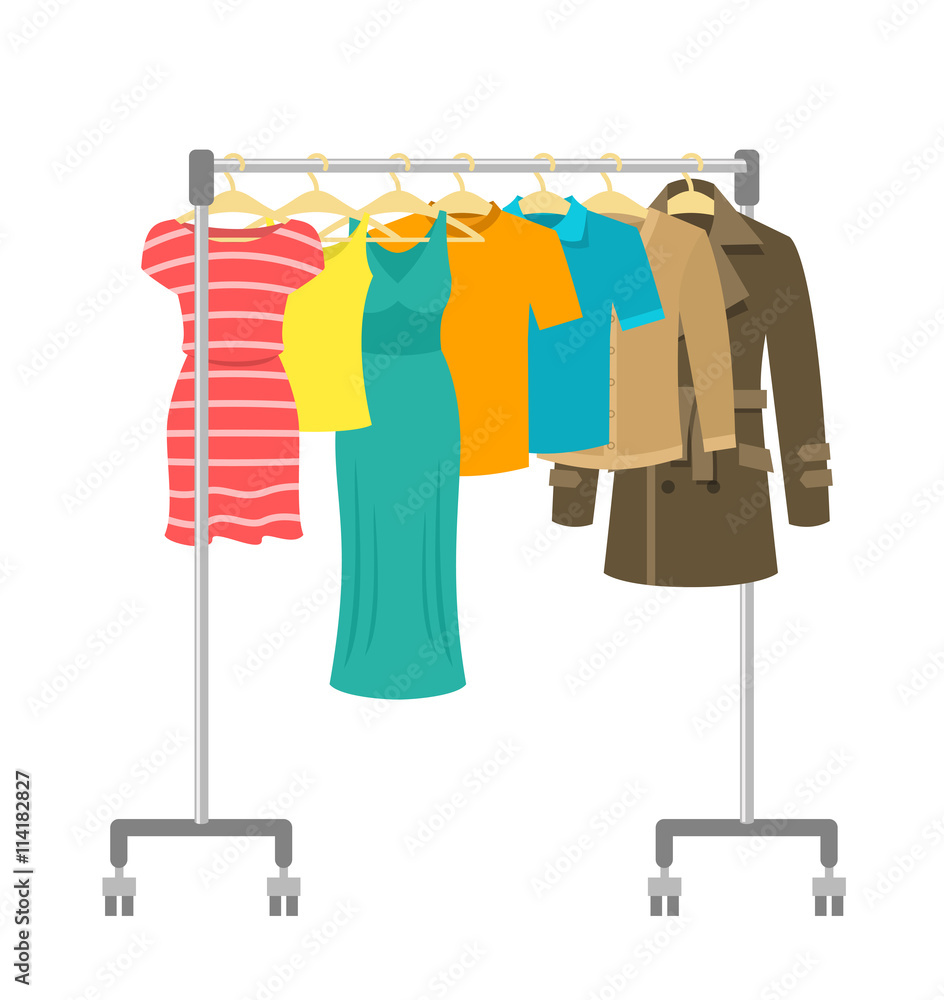 Hanger rack with male and female clothes. Flat style vector illustration.  Casual garment hanging on portable rolling metal commercial hanger stand.  Everyday outfit sale concept. Fashion collection. Stock Vector | Adobe Stock