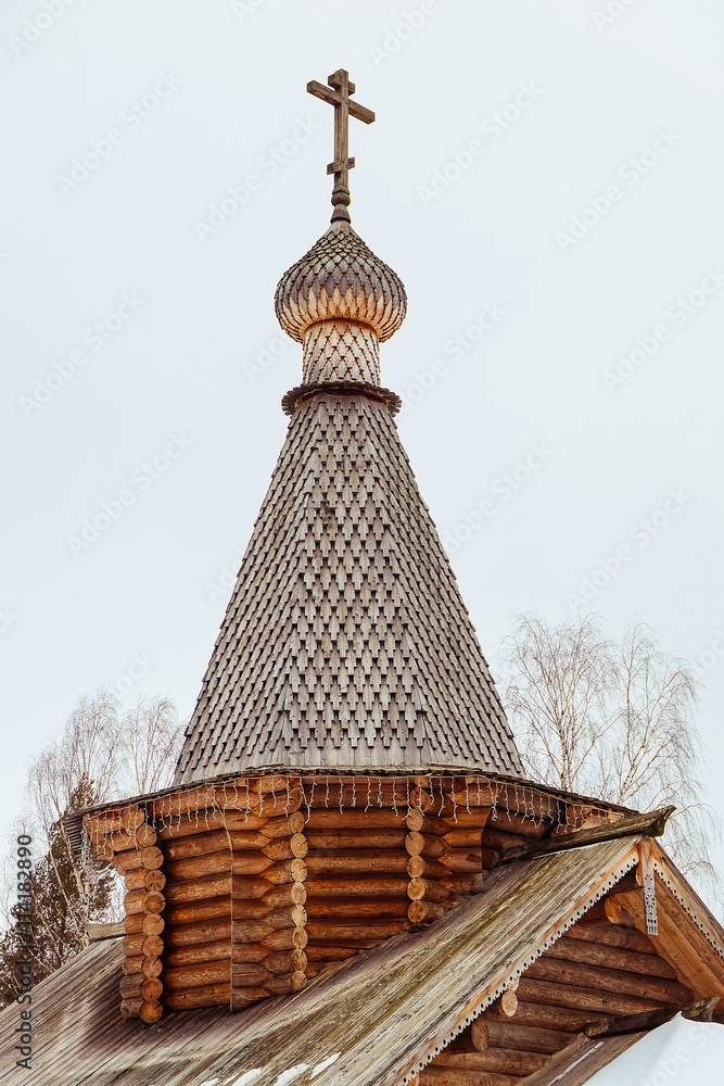 Woden dome of Russian Orthodox church. Wooden church. Church with ...