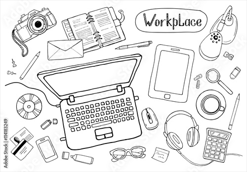 Sketchy concept of creative office workspace. Items, stationery, laptop, equipment for workplace design. Vector illustration set of business elements top view. 