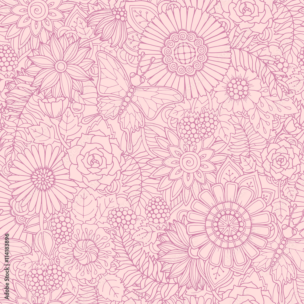 Monochrome pink seamless hand drawn pattern with abstract flowers and leaves. Doodle floral background with butterfly.