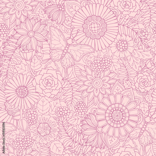 Monochrome pink seamless hand drawn pattern with abstract flowers and leaves. Doodle floral background with butterfly.