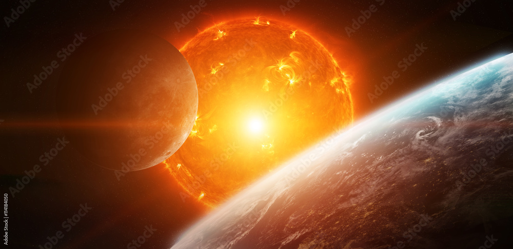 Fototapeta premium Wybuchające słońce w przestrzeni blisko planety
