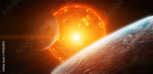 Exploding sun in space close to planet