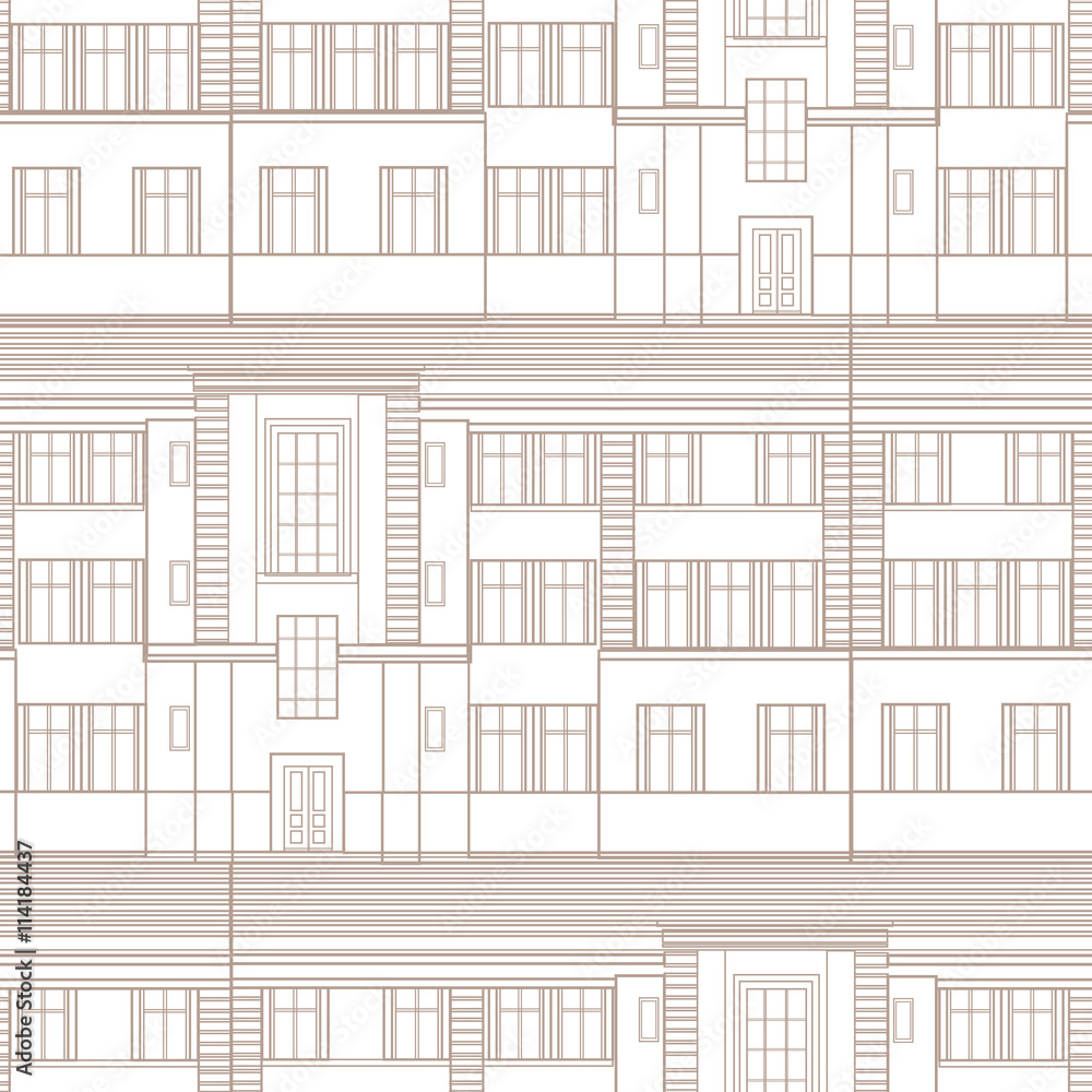 Building facade seamless pattern. City architectural sketchy blueprint