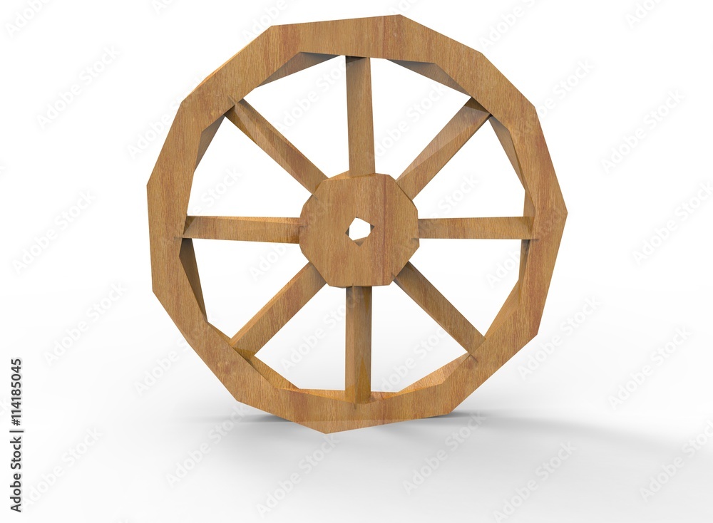 3d illustration of low poly wheel. icon for game web. white background isolated. wooden color
