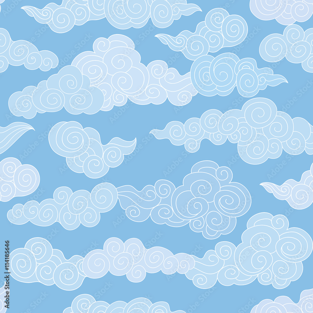 Abstract swirl cloud shapes geometgric tiled pattern in chinese style Sky ornamental  background
