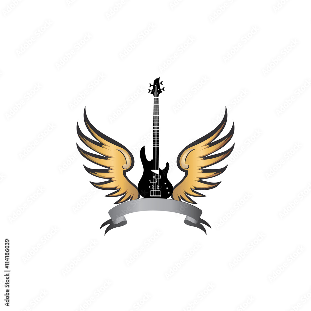 Fototapeta premium Musical instrunemt electrical guitar with wings. Winged guitar logo. Rock music symbol