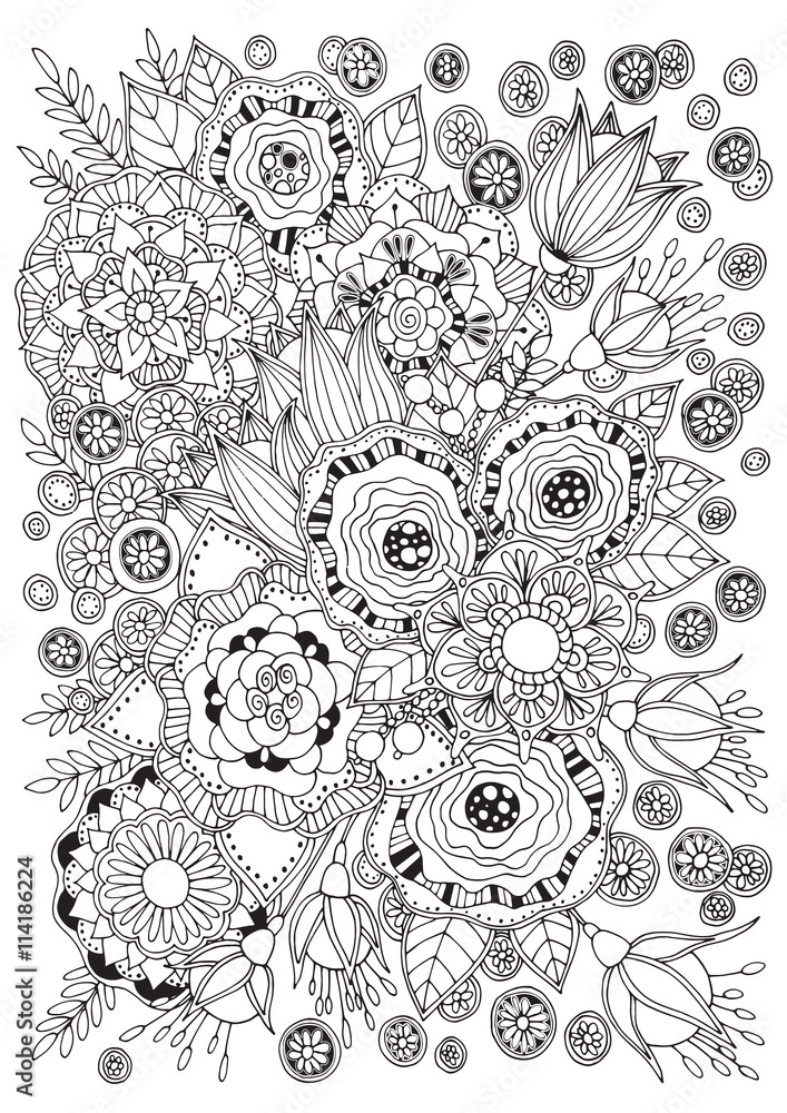 Coloring page for adults and older children for your hobby, have a good time and relax. Black and white coloring page. Floral background with flowers. 
