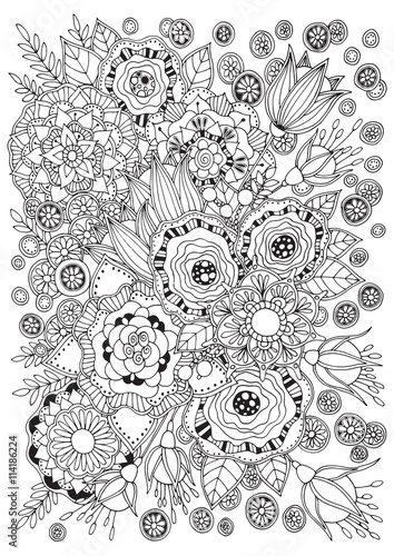 Coloring page for adults and older children for your hobby, have a good time and relax. Black and white coloring page. Floral background with flowers. 
