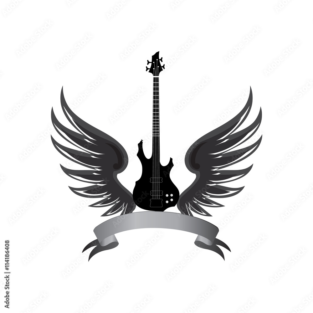 Fototapeta premium Rock music symbol. Electric guitar with wings and bow ribbon for