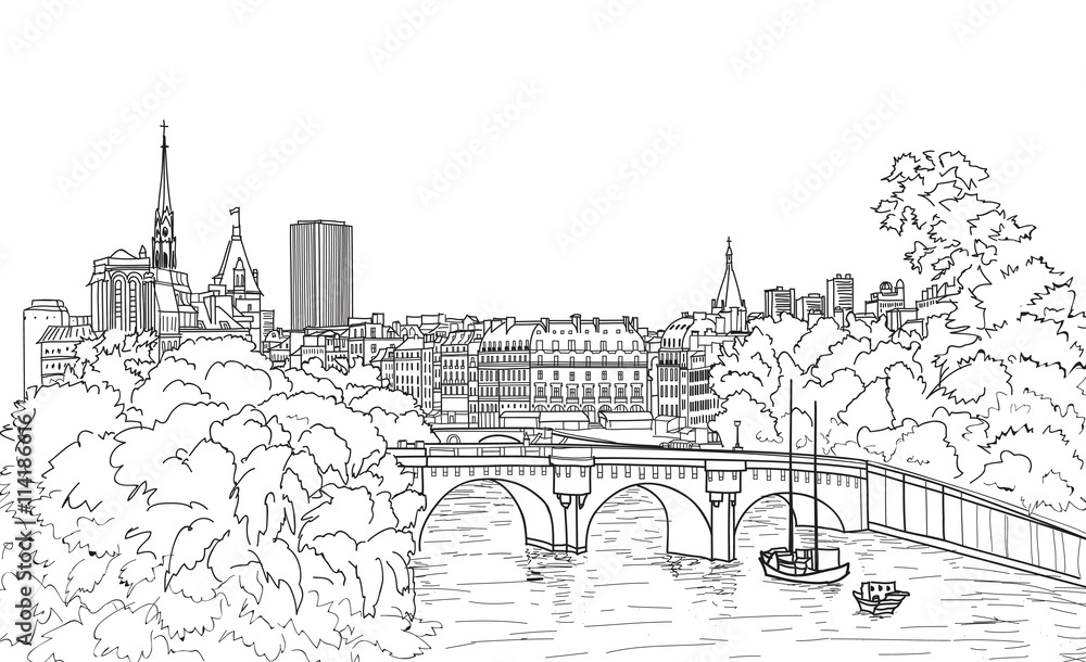 Riverside street view in the old city. Paris cityscape view with