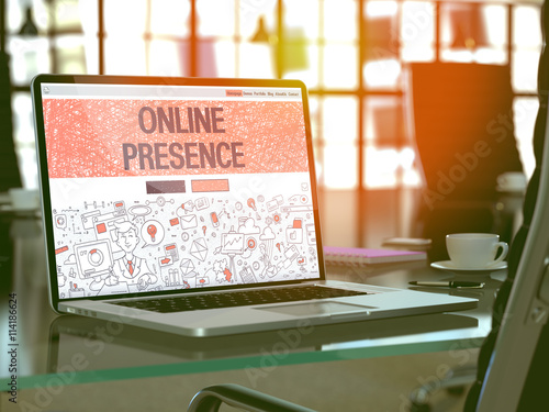 Online Presence Concept. Closeup Landing Page on Laptop Screen in Doodle Design Style. On Background of Comfortable Working Place in Modern Office. Blurred, Toned Image. 3D Render.