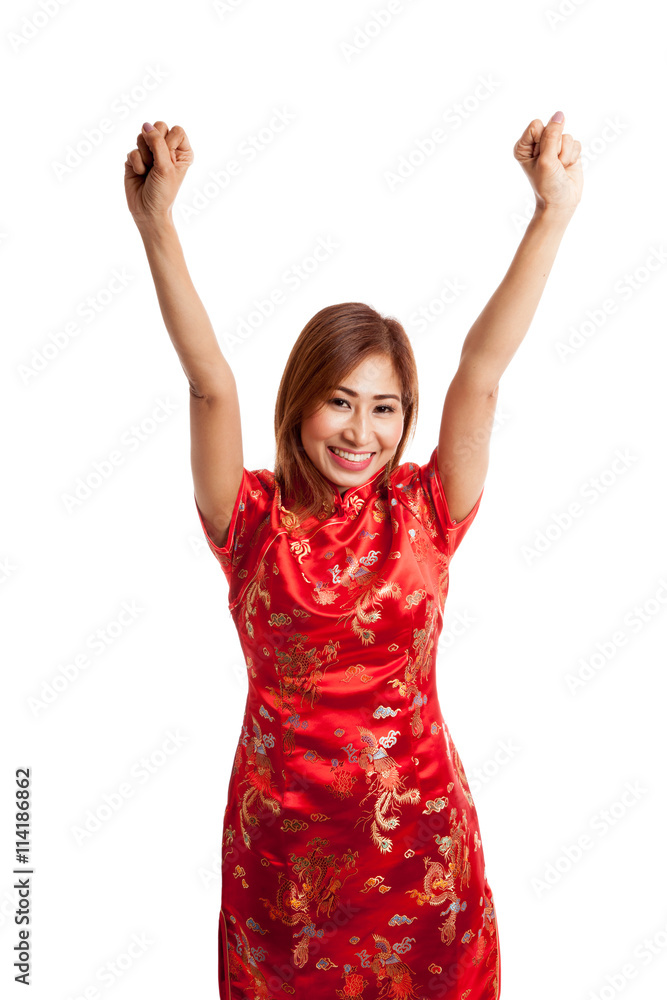 Happy Asian girl in chinese cheongsam dress Happy Asian girl in chinese cheongsam dress