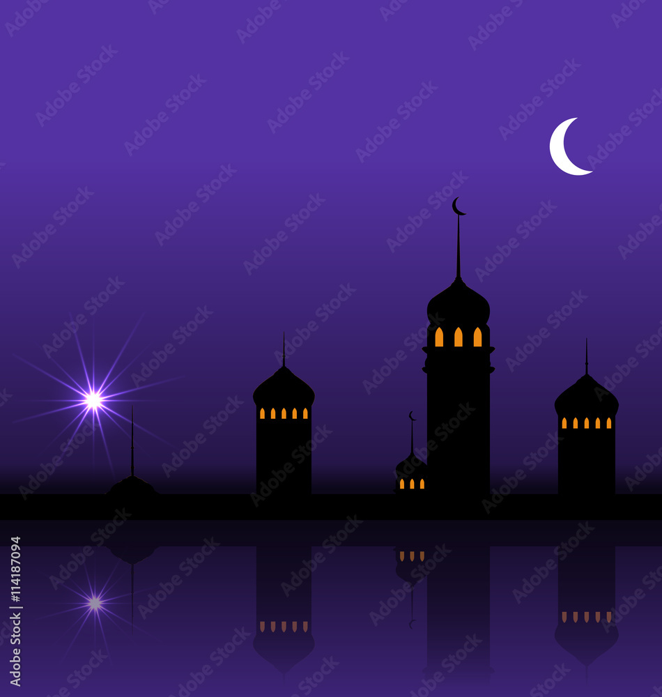 Ramadan Kareem Night Background with Silhouette Mosque and Minarets