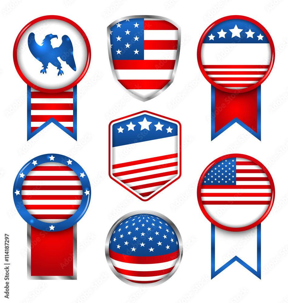Illustration Set of Various Graphics and Labels, Emblems in Traditional American Colors Illustration Set of Various Graphics and Labels, Emblems in Traditional American Colors