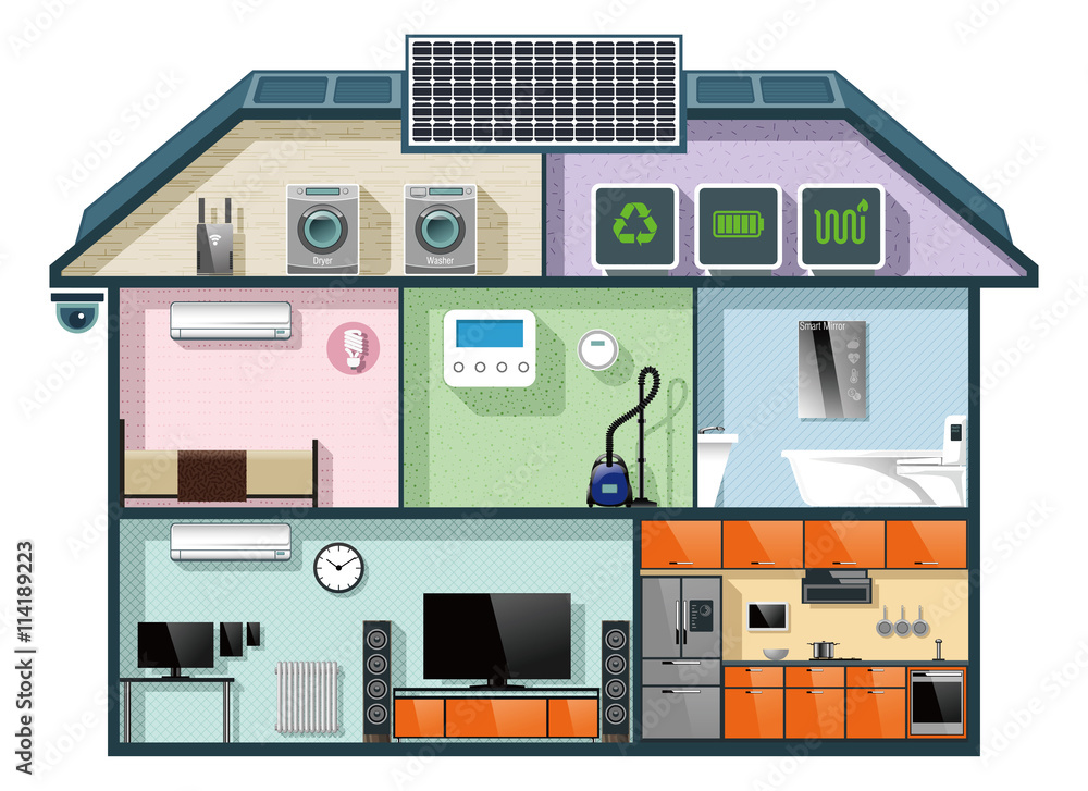 Energy efficient house cutaway image for smart home automation concept. Vector illustration.