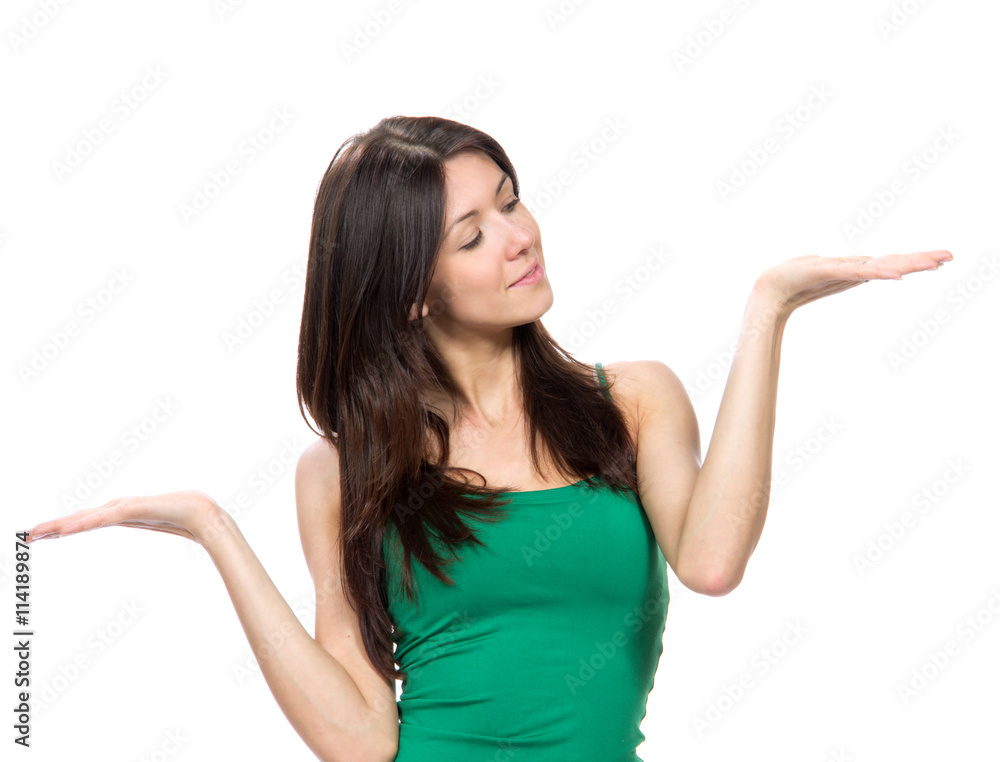 Portrait of young happy beautiful woman with comparing hand posi Portrait of young happy beautiful woman with comparing hand posi