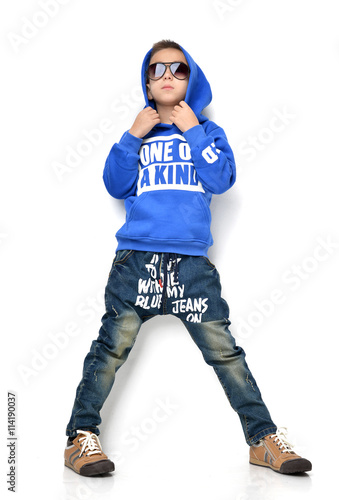 Fashion beautiful little boy kid in sunglasses blue hoodie cloth